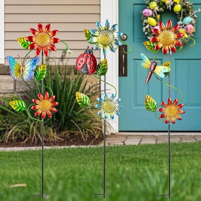 3 Pcs Sunflower＆Butterly＆Ladybug＆Dragonfly Decorative Garden Stakes,23.5 in Metal Sunflower Yard Art for Outside Decor,Spring Outdoor Decor for Mom,Women,Grandma