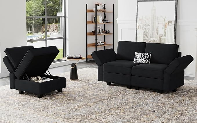 Belffin Modular Loveseat Sofa Couch with Storage Seats Velvet 2 Seater Love Seats for Small Spaces Black