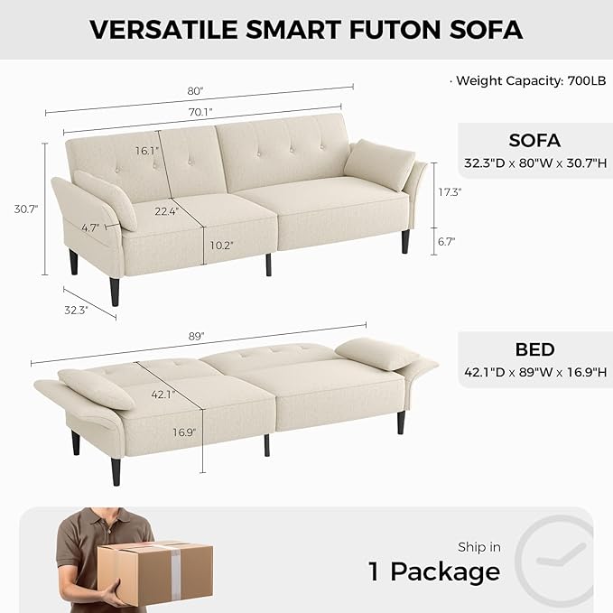 89” Futon Sofa Bed, Linen Comfy Futon Couch Bed with 2 Square Pillows, Convertible Sleeper Sofa with Adjustable Backrest& Armrests, Modern Loveseat Sleeper for Living Room, Bedroom, White