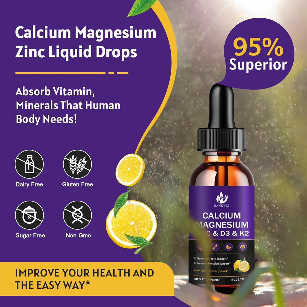 (2 Pack) Calcium Magnesium Zinc Liquid Drops for Women and Men - Bone & Teeth, Immune Support, Liquid Calcium Supplement with Magnesium Glycinate, Vitamin C D3 K2 B6, Lemon Flavor | Sugar Free