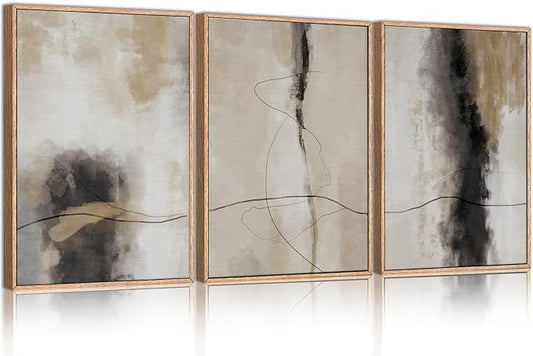 HPINUB Large Modern Abstract Shapes Framed Canvas Wall Art Set,Neutral Black and White Wall Decor,Minimalist Nordic Wall Painting for Living Room,Bedroom,Dining Room,Office -24"x36"x3