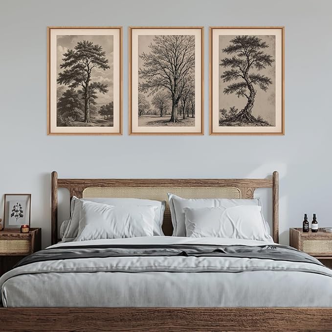 HPINUB Vintage Sketch Tree Framed Canvas Wall Art Set,Modern Nature Botanical Wall Decor, Antique Wilderness Tree Artwork,Minimalist Neutral Art Prints for Living Room,Bedroom,Farmhouse-16 x24 x3
