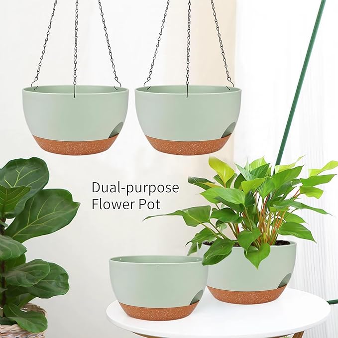 2 Pack Hanging Planters for Indoor Outdoor Plants, 12 Inch Self Watering Hanging Pot with Drainage Holes and Saucer, Plastic Plant Pots, Green Brown Flower Pots for Kitchen, Balcony, Garden