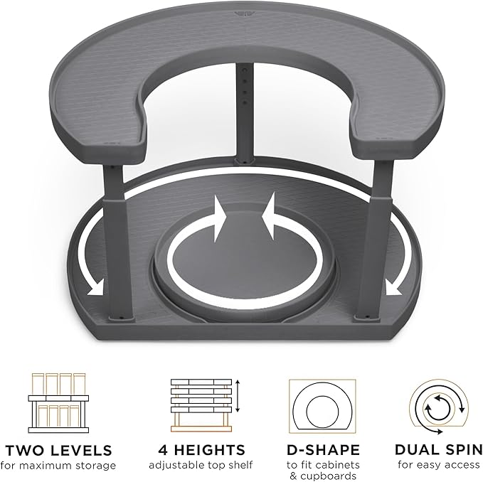 2-Tier Spice Rack Organizer for Cabinet | Rotating Lazy Susan Spice Organizer Holds 40 Spice Jars | Countertop & Pantry Spice Shelf for Kitchen Organization & Storage (Gray)