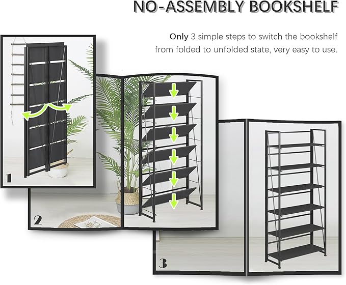 4NM No Assembly Foldable Bookshelf, 6-Shelf Collapsible Bookcase Storage for Small Spaces, 74" H, All Black