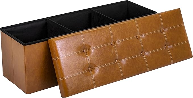 43 Inches Folding Storage Ottoman Bench, PU Leather Storage Chest, Footrest Padded Seat for Bedroom and Hallway, Holds up to 660 lbs, Light Brown