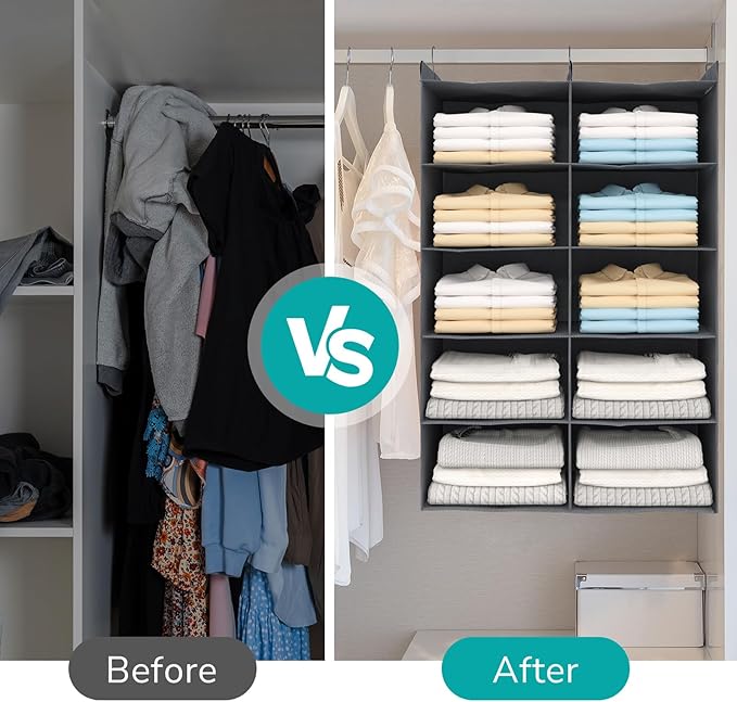 4 Tier Shelf Hanging Closet Organizer, Dual-Row 8 Pocket Cloth Hanging Shelf with 3 Sturdy Hooks for Storage, Foldable (Grey)