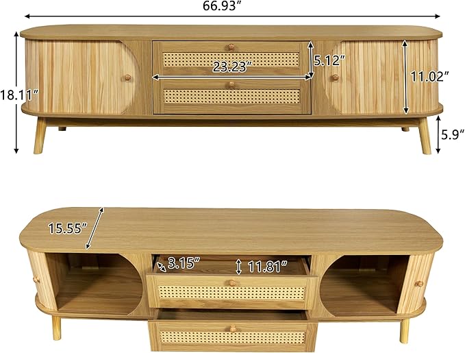 Merax Modern Fluted TV Stand for 75" TVs, Mid-Century Entertainment Center Tambour Door Media Console TV Cabinet with Rattan-Front Drawer for Living Room, Curved Profile Design