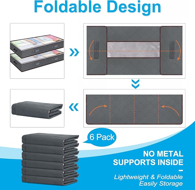 90L Under Bed Storage Containers, 6 Pack Underbed Closet Storage Organizer System, Moving Bags with Clear Window and Reinforced Handles for Bedding Pillows Blanket Clothes Wardrobe Bedroom