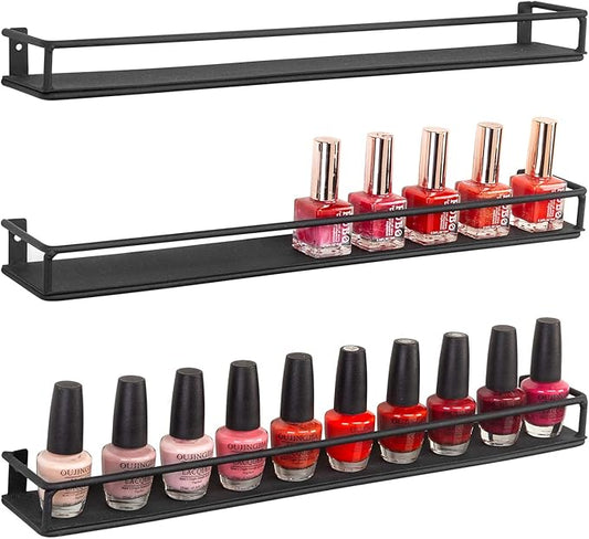 MyGift Set of 3 Wall-Mounted Black Metal Nail Polish and Essential Oils Display Shelves, Kitchen Spice Jars Rack