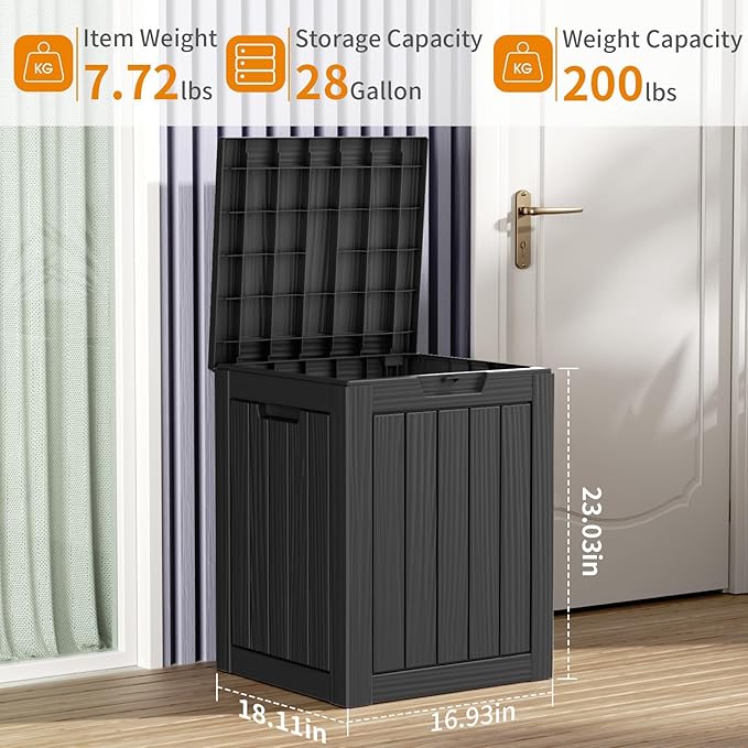 28 Gallon Deck Box Large Outdoor Storage for Patio Furniture,Outdoor Cushions,Garden Tools and Pool Supplies,Waterproof,Resin,Lockable(Black)