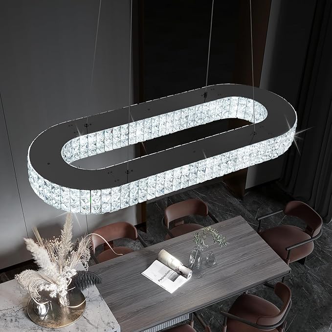 Modern Crystal Chandelier, Dia 40" Rectangular Chandelier for Dining Room,Black Rectangle Crystal Ceiling Light Luxury Oval Chandeliers for Living Room Kitchen Island