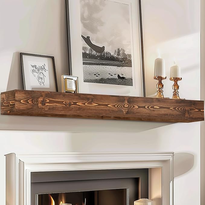 72x8x5 Fireplace Mantel - Handcrafted Hollow Rustic Solid Wood Wall Mounted Floating Shelf with Invisible Heavy Duty Wood Bracket (Weathered Brown)