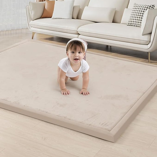 ACOMOPACK Baby Play Mat for Floor 1.3" Thick Memory Foam Play Mat 79"×118" Tummy Time Crawling with Non-Slip Bottom for Living Room,Nursery,Soft Velvet Playpen Mats for Kids,Infants（Beige）
