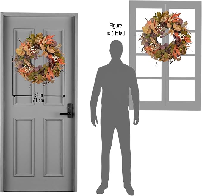 24" Fall Wreath for Front Door Handmade with Artificial Autumn Leaves, Natural Pinecones, Faux Berries and Wheat, Autumn Harvest Wreath Decoration for Home Farmhouse Door Wall Window Porch