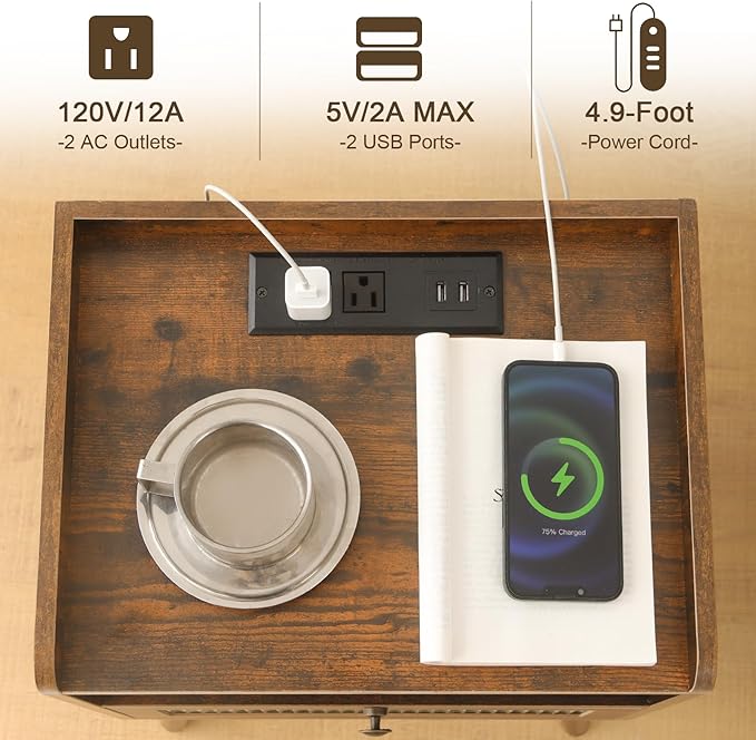 AWASEN Mid Century Night Stand with Charging Station, Wood Bedside Table with Glass Drawer, Small Modern Nightstand End Side Table with 2 Tiers Storage for Bedroom, Office(Rustic Brown)