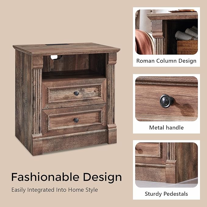 26" Tall Farmhouse Nightstand, 2 Drawers End Table w/Charging Station, 23.6" Wide Large Side Table w/Roman Column, Wood Rustic Sofa Table w/Open Shelf, Bedside Table for Bedroom, Light Brown
