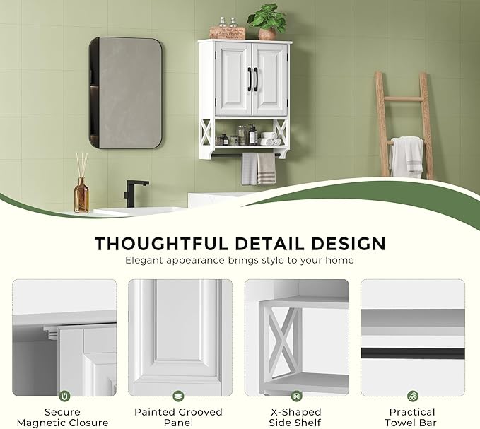 Bathroom Cabinet Wall Mounted, White Bathroom Wall Cabinets with Towel Bar and 2 Doors, Wooden Medicine Cabinet with Adjustable Shelf, Open Storage