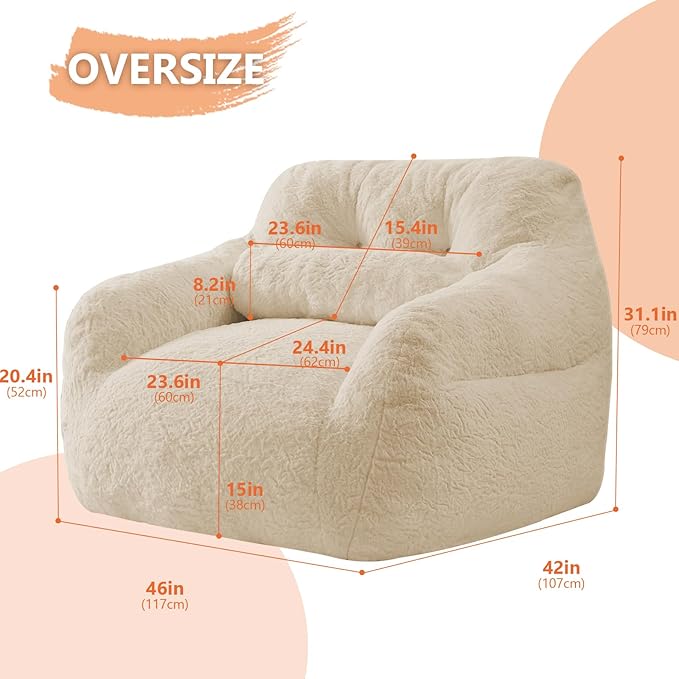 Bean Bag Chair for Adults with Pillow,Oversized Bean Bag Couch for Adults Chairs,Giant Lazy Couch Sofa Chairs with Filler,Large Reading Chair for Living Room Bedroom,Apricot