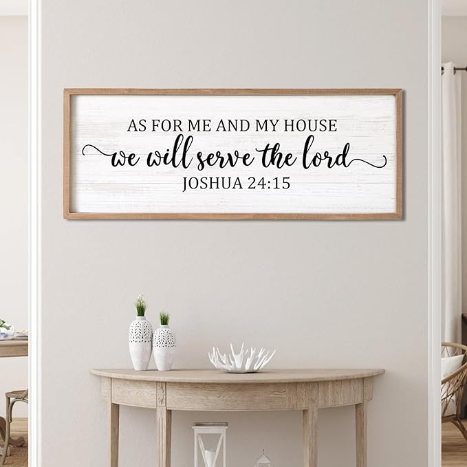 As For Me And My House We Will Serve The Lord Framed Wall Art, 40''×15'' Horizontal Positive Religious Rustic Bible Verse for Christian God Jesus Christ Prayer, Vintage Holy Catholic Scripture Decor