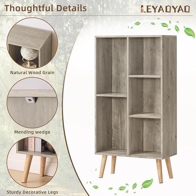 5 Cube Small Bookshelf,3 Tier Mid-Century Modern Bookcase with Legs,Wood Bookshelves Storage Organizer Shelf,Free Standing Narrow Book Shelves,Rustic Grey Corner Bookcases for Bedroom,Living Room