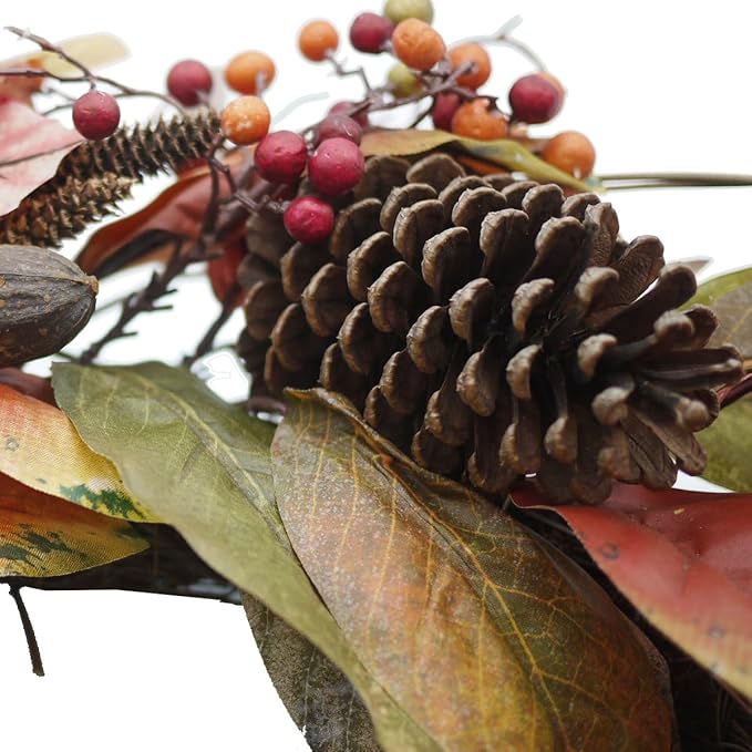 Admired By Nature 24 Inch Artificial Fall Magnolia Leaf Vine Berry Wreath Autumn Leaves For Wall Fornt Door Home Office Farmhouse Thanksgiving Harvest Cemetery Wreaths Indoor Outdoor, Orange-Pinecones