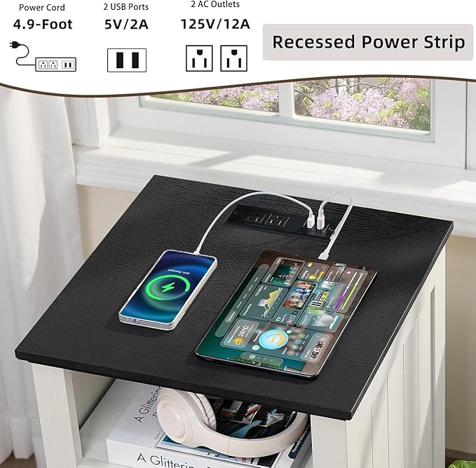 18" Farmhouse Night Stands Set of 2 with Charging Station, 2 & 3 Drawers End Table Dresser for Bedroom, White Wooden Nightstand, Bed Side Table with Open Shelf, Bedside Cabinet for Living Room