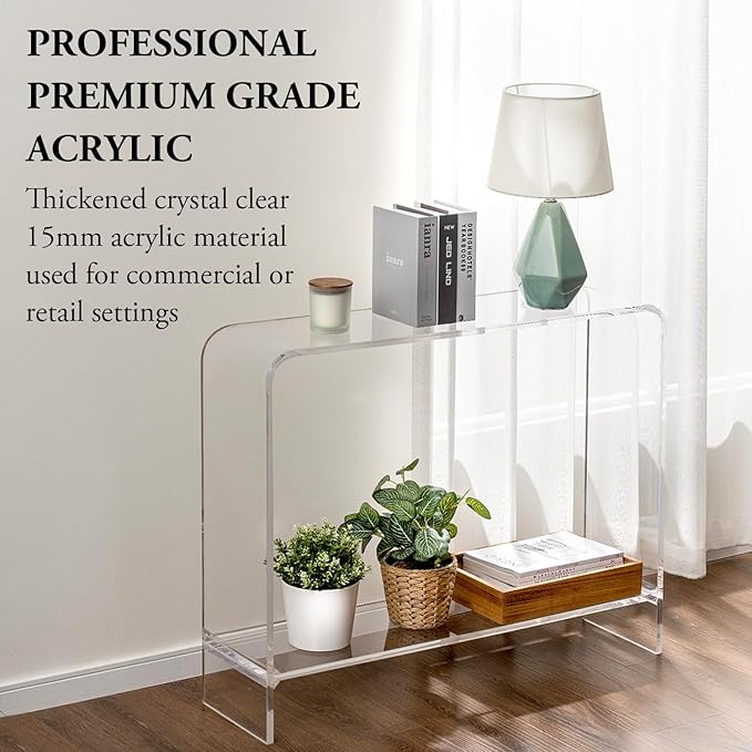 MyGift Premium 15mm Clear Acrylic Entryway Console Table with Bottom Display Shelf, 2 Tier Living Room Sofa Back Storage Shelves Modern Luxury Home Decor