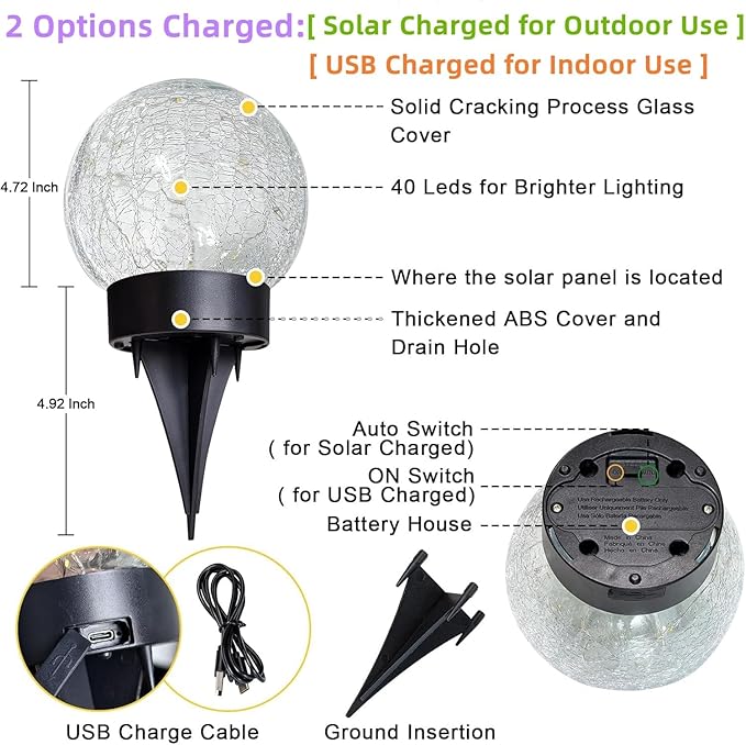 Beautyard Solar Globe Lights Outdoor Large Garden Decor USB Charged 4.72" Diameter 40LED 1000mAh Solar Lights Cracked Glass Globe Power Yard Patio Garden (4.72'' Large 2 Pack Warm White)