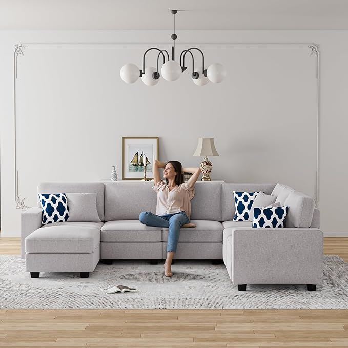 L Lengend Vansen Modular Sectional Sofa U Shaped Couch with Ottoman Modern Reversible Corner Sectional Couch for Living Room (Light Grey, U Shaped Sofa-2)