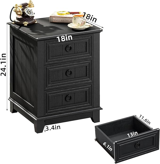 18" Night Stands Set of 2 with Charging Station, Farmhouse 2 & 3 Drawers End Table Dresser for Bedroom, Black Wooden Nightstand, Bed Side Table with Open Shelf, Bedside Cabinet for Living Room