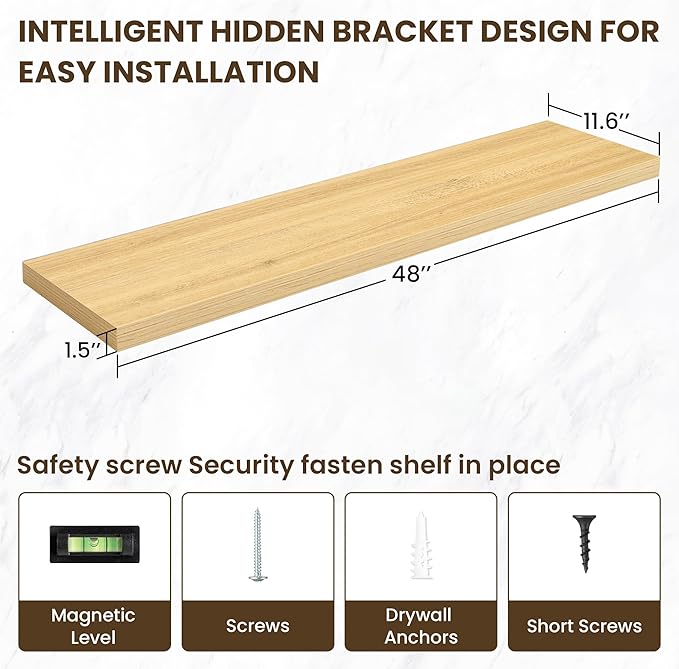48 Inch Floating Shelves, 11.6 Inch Deep Floating Shelves for Wall, Floating Shelf with Invisible Brackets, Deep Shelves for Bathroom, Bedroom, Living Room, 1 Pack, Natural