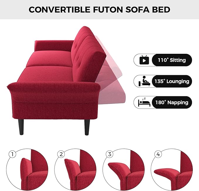 89” Futon Sofa Bed, Linen Comfy Futon Couch Bed with 2 Square Pillows, Convertible Sleeper Sofa with Adjustable Backrest& Armrests, Modern Loveseat Sleeper for Living Room, Bedroom, Red