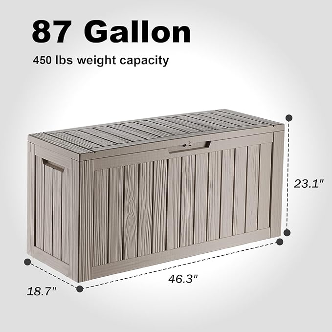 87 Gallon Deck Box Large Outdoor Storage for Patio Furniture,Outdoor Cushions,Garden Tools and Pool Supplies,Waterproof,Resin,Lockable(Grey)