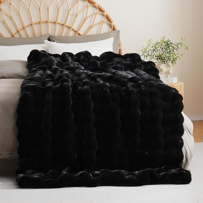 BENVWE Faux Fur Throw Blanket for Couch Bed - Fluffy Soft Thick Bubble Blanket for Living Room Home Decor - Fathers Day Birthday Gifts for Women Men, Black, 60" x 80"