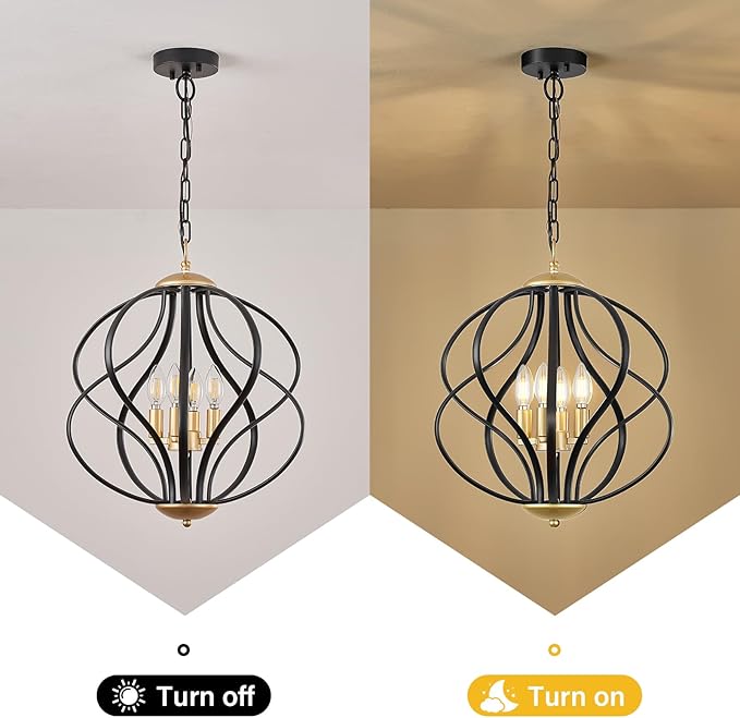 Modern Black and Gold Chandelier for Dining Room, 4 Lights Geometric Chandeliers, Sphere Chandelier Industrial Large Pendant Light Fixtures Hanging for Kitchen, Entryway, Foyer, Stairs