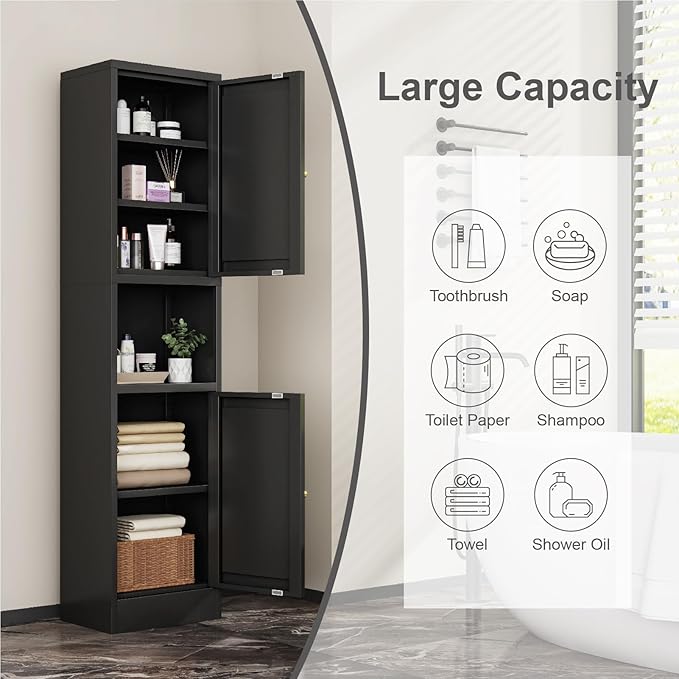 67" Tall Bathroom Storage Cabinet, Narrow Metal Floor Cabinet with 2 Doors and Adjustable Shelves, Freestanding Metal Locker for Laundry, Kitchen, Dining Room