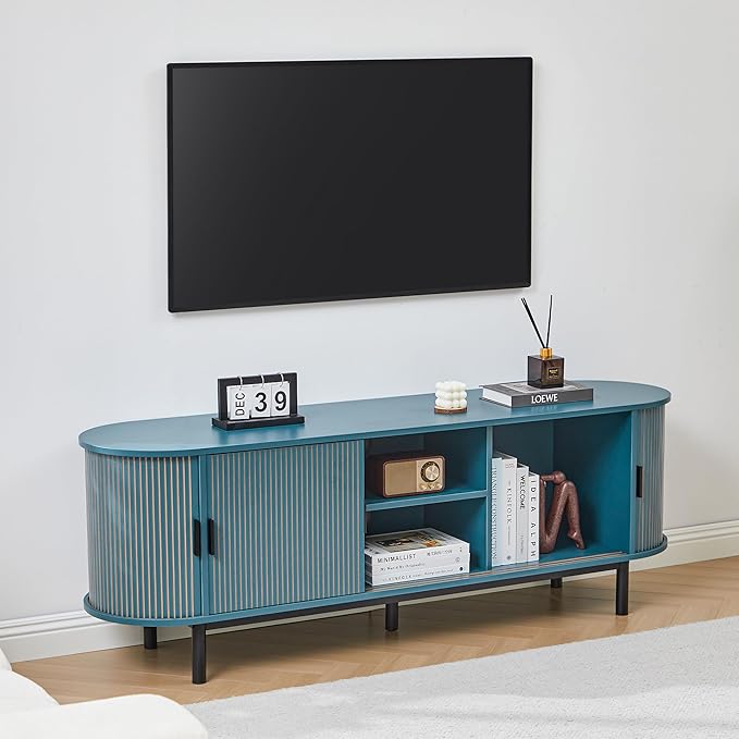 62" Tambour Door TV Stand,Wood Mid Century Modern TV Cabinet for Up to 75“ TV,Curved Edge Long TV Stand with Storage for Bedroom Living Room(62.2inch,Blue)