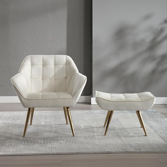Modern Velvet Accent Chair with Ottoman Set of 2, Upholstered Lounge Chair with Footrest, Comfy Living Room Chair with Gold Legs Accent Side Chair Armchair for Small Space Bedroom, Beige