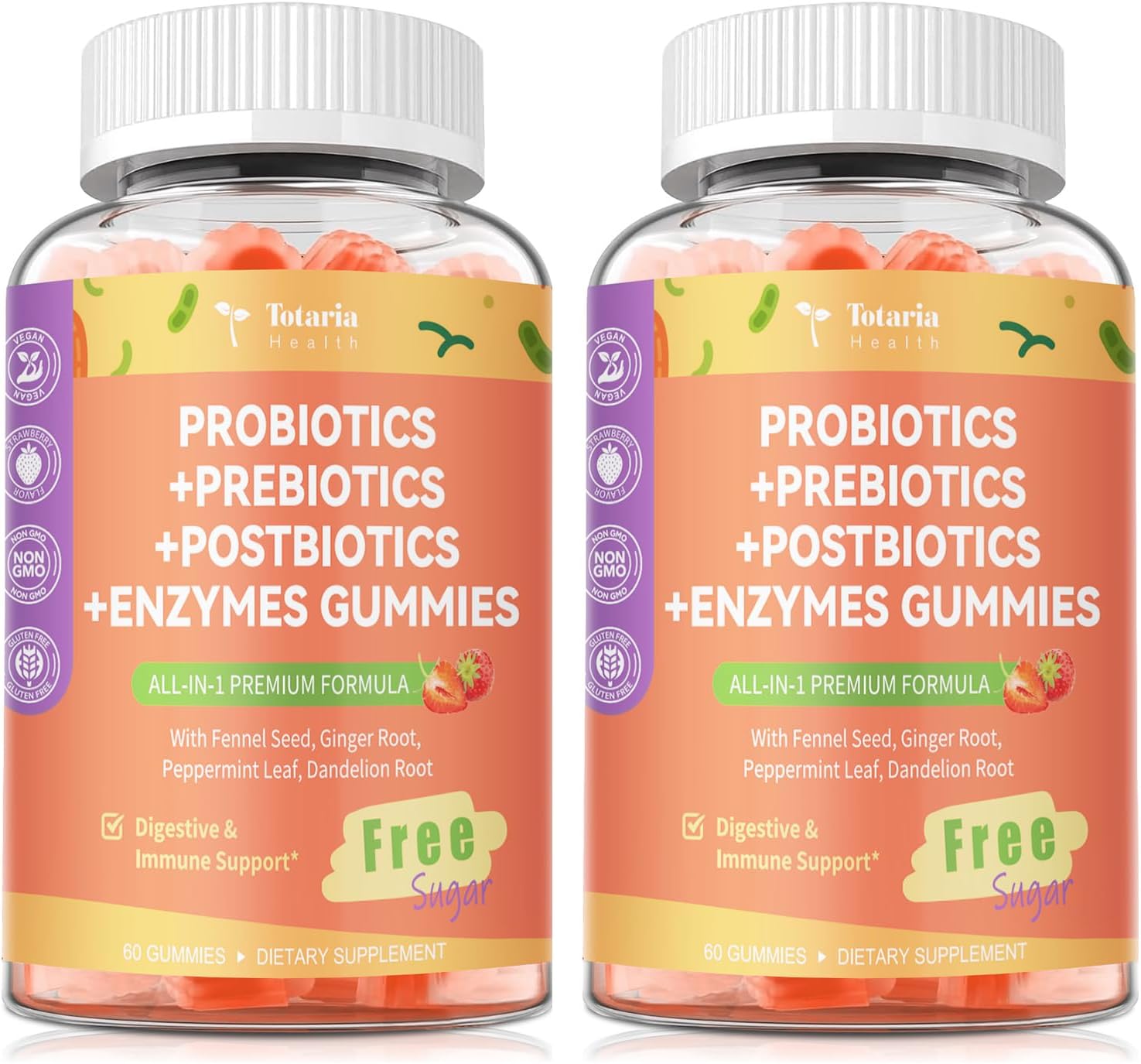 (2 Packs) Totaria Sugar Free 5-in-1 Probiotic Prebiotic Postbiotic Gummy, Probiotics for Women Men with Digestive Enzymes, Peppermint, Complete Immune, Gut & Digestive Support, Vegan Strawberry Flavor