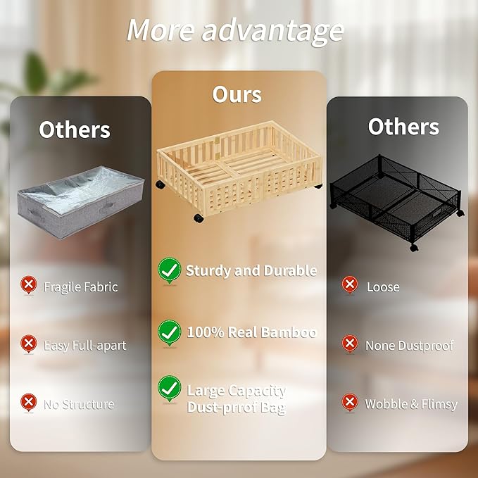 Bamboo Under Bed Storage with Wheels (2-Pack) – Rolling Underbed Shoe Organizer Box for Shoes, Blankets, Toys, Clothes Container Space-Saving Organizer Bins for Bedroom, Closet, Dorm, Nursery