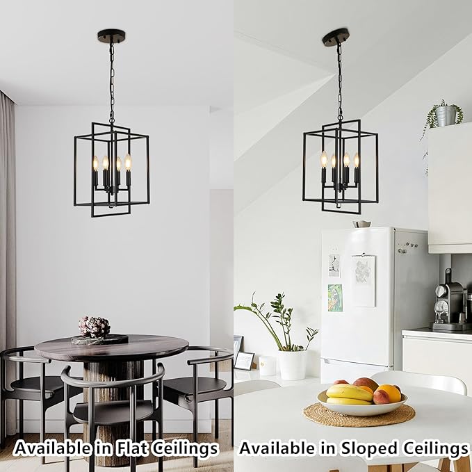 4-Light Vintage Black Chandelier, Foyer Lighting Fixtures Farmhouse Chandeliers for Dining Room, Modern Industrial Lantern Pendant Light for Kitchen Island Entryway Stairway