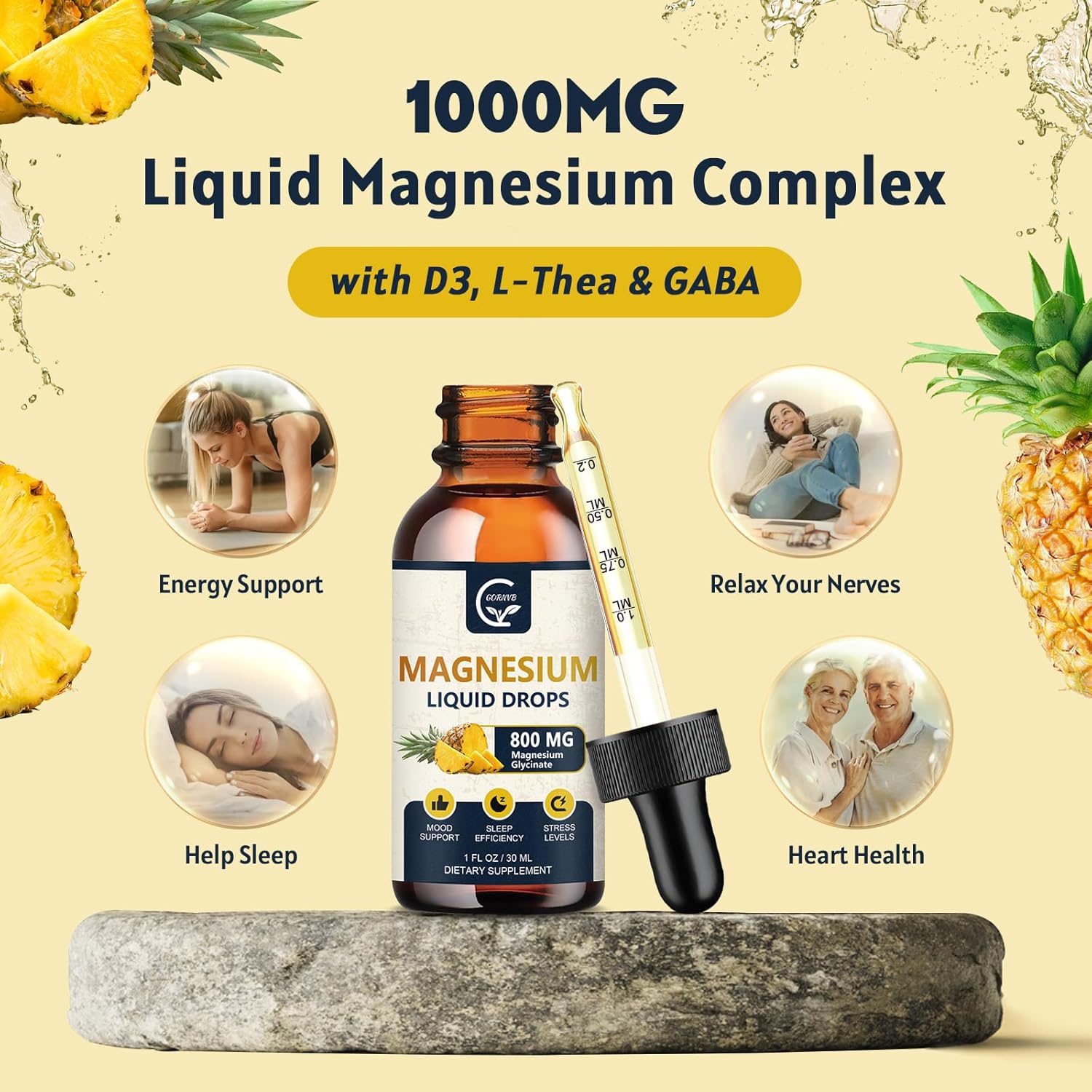 (2 Pack) Magnesium Glycinate Liquid Drops | 1000mg Liquid Magnesium Complex with D3, L-Thea & GABA for Energy, Sleep, Nerve and Heart Health, High Absorption, Pineapple Flavor