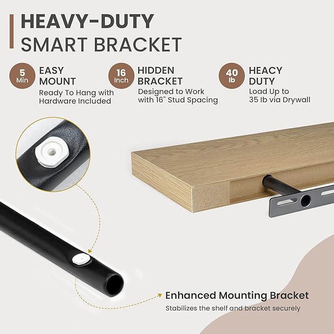 36 Inch Floating Shelves, 8 Inch Deep Floating Shelves for Wall, Hanging Shelf with Invisible Brackets, Deep Shelves for Bathroom, Bedroom, Living Room, Oak, Set of 2