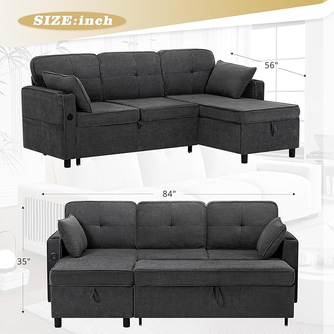 84 Inches Fabric Sectional Sofa w/Pull Out Sofa Bed & Adjustable Back, Tufted L Shaped Couch w/Storage Chaise, Sleeper Sectional Sofa w/USB Port & Cup Holders for Living Room, Grey