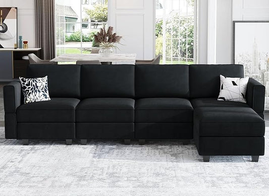 Belffin Modular Sectional Sofa Couch with Reversible Chaise Velvet L Shaped Couch Sofa with Storage 4-seat Convertible Sectional Sofas Black