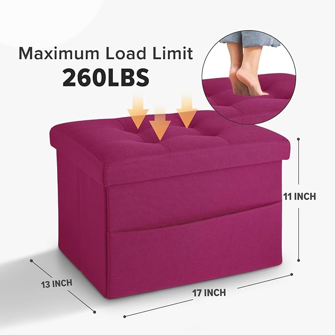 LINMAGCO Storage Ottoman Folding Foot Stool Foot Rest with Side Pocket Modern Ottoman with Storage Short Sofa Stool Linen Cloth 17x13x13(ROSEO)