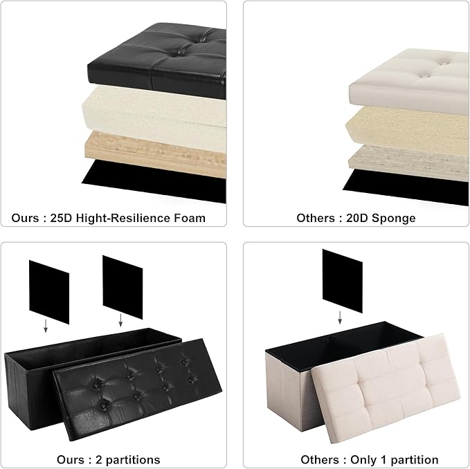 43 Inches Folding Storage Ottoman Bench, PU Leather Storage Chest, Footrest Padded Seat for Bedroom and Hallway, Holds up to 660 lbs, Black