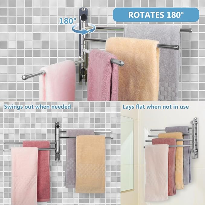 Bathroom Towel Rack JSVER Swivel 4 Arms Extended Towel Holder, SUS304 Stainless Steel Space Saving Towel Rack, Towel Racks for Bathroom, Kitchen