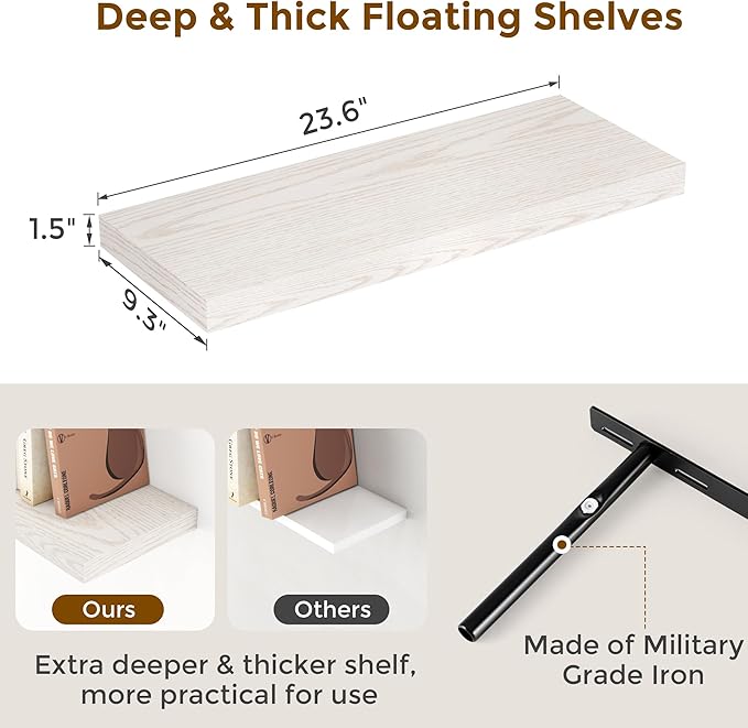 24 x 9 Floating Shelves, 9 Inch Deep Floating Shelf Wall Mounted, 24 Inch Bathroom Shelves Set of 2, Rustic Wood Wall Shelf for Bedroom, Living Room, Brich Color